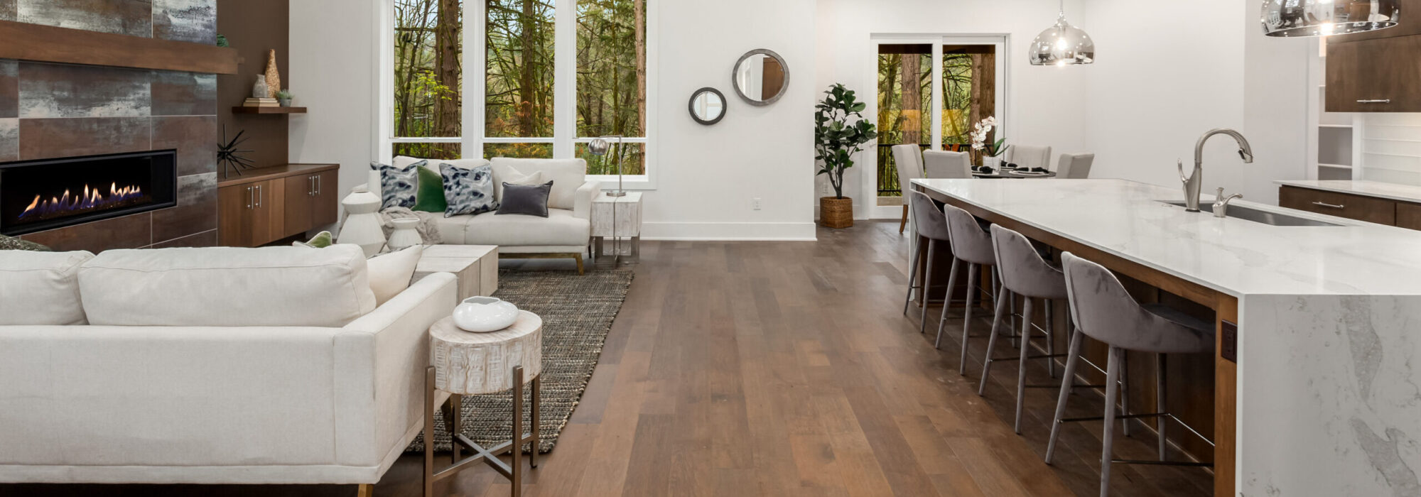 kitchen and living room in newly constructed luxury home